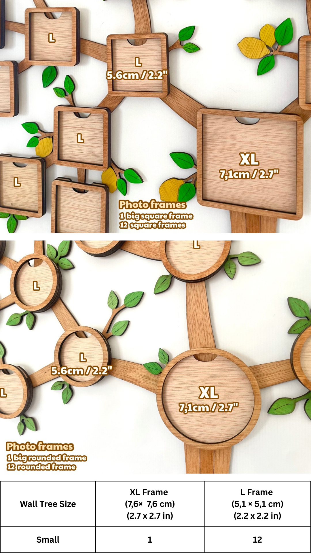 Magnetic Photo Frame Set – 12 + 1 XL / 24+1 XL – Square or Round – Upgrade your Branching Family Tree