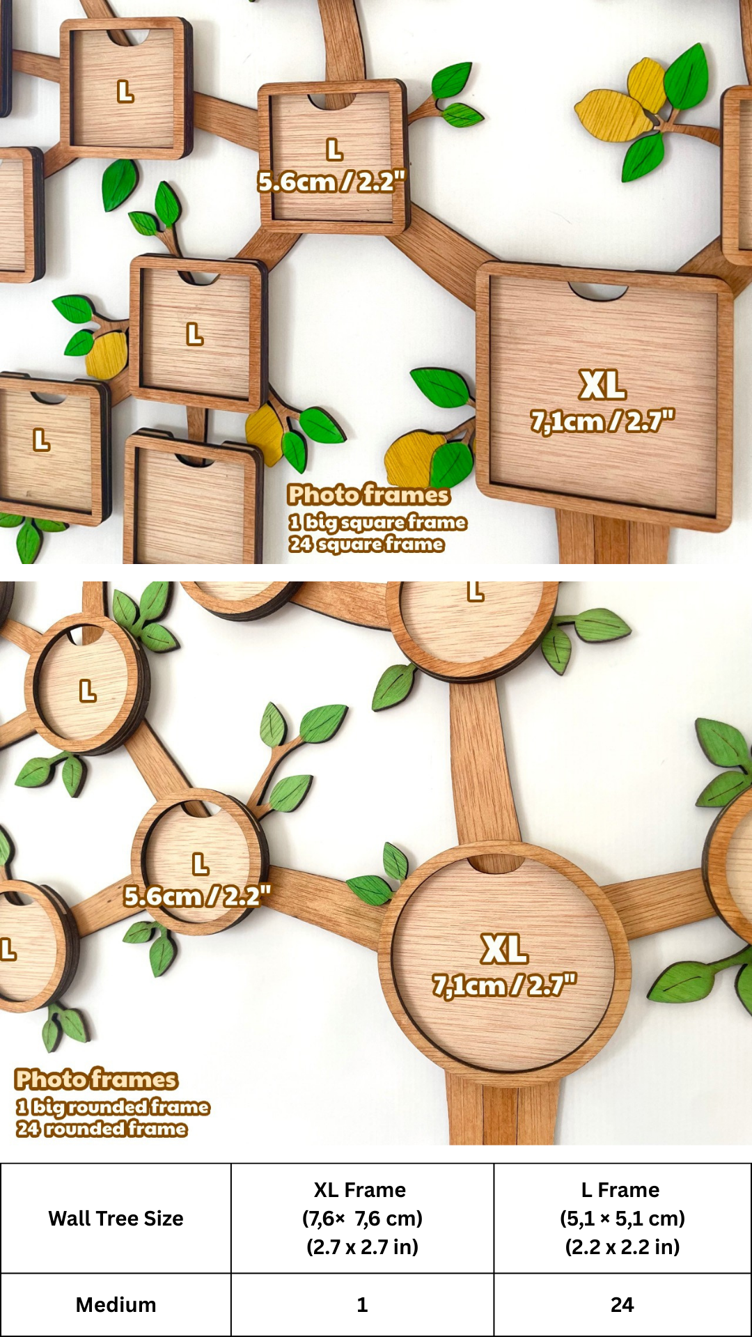 Magnetic Photo Frame Set – 12 + 1 XL / 24+1 XL – Square or Round – Upgrade your Branching Family Tree